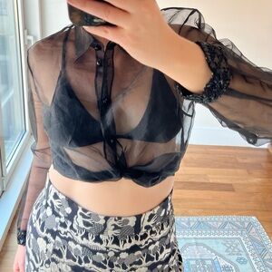 Vintage Black Sheer Long Sleeve Crop Top